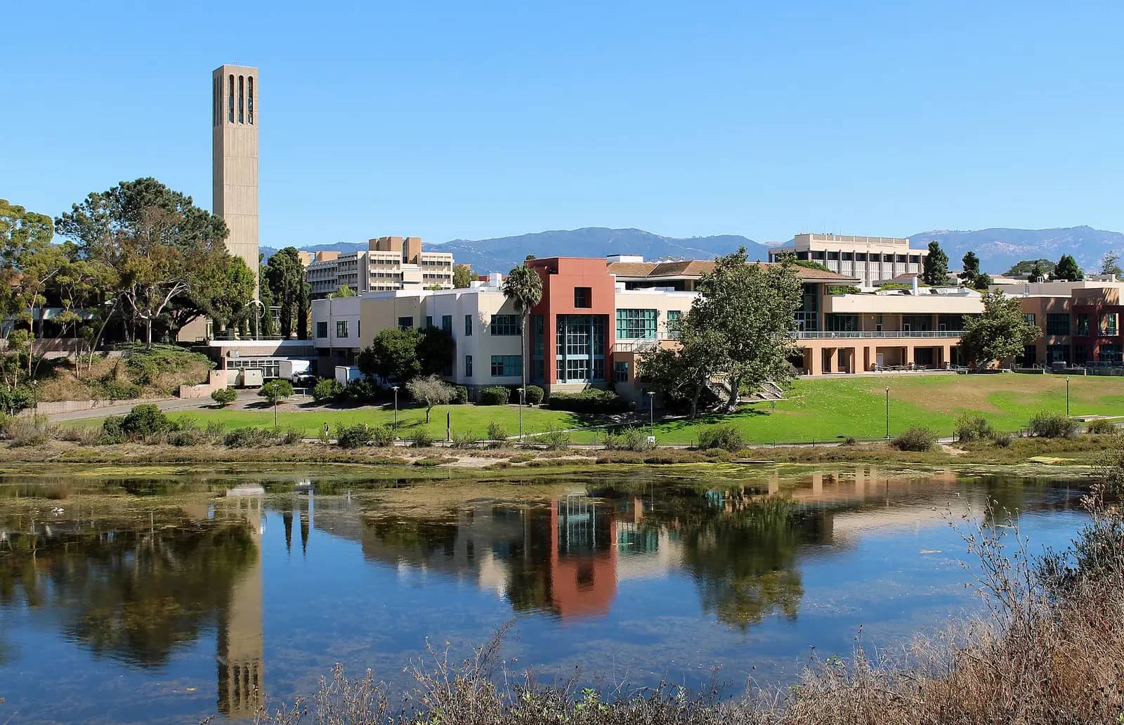 University of California-Santa Barbara campus — The view of Storke Tower and the University Center from the other side of the UCSB Lagoon at the University of Californi